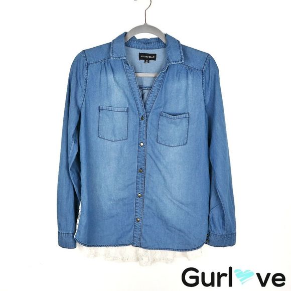 3/$25 My Michelle Chambray Button Laced Back Shirt - Picture 1 of 6
